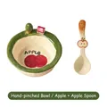 Handcrafted ceramic apple bowl set with matching spoon and miniature house decor - Hand-kneaded Bowl/Apple + Apple Spoon