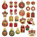Assorted Chinese New Year charms in red and gold sand gold finish for DIY jewelry - Mixed 20pcs Enamel Gold Charms Set-SN634