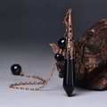 Obsidian hexagonal crystal pendant with bronze flower cap and wing detail on chain - Antique Bronze Black Agate