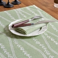 Green floral maple leaf printed linen napkin and table runner set on wooden table - Green Background Curved Flower