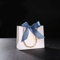 White wedding candy gift bag with royal blue satin bow and golden 'Thank you' text - 14x6x12cm / White Bag + Dusty Blue Ribbon