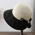 Cappello da sole in paglia da donna con tesa larga nera ed elegante fiocco - 56-58cm / Nero