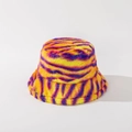 Plush tiger stripe bucket hat in vibrant orange, yellow and purple for winter warmth - M (56-58cm) / Purple Yellow Orange Tiger Stripe