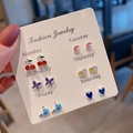 Close-up of 6 pairs of colorful stud earrings featuring cherry, butterfly and heart shapes - Cherry Moon Butterfly Whale Combination (E1328-1)