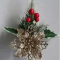 Christmas pine needle pick with champagne gold flower, holly leaves and red berries - Champagne