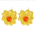 Vintage gold flower earrings with orange gemstone center and textured layered petals - 3D Vintage Multi-layer Flower
