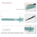 Detail view of 8.5cm teal glitter star hair clip with material and size specifications - Blue Pentagram