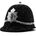 Cappello da poliziotto nero con strass scintillanti per costumi di Halloween e spettacoli - Taglia Unica(Regolabile) / Strass Neri (Distintivo Argento)