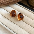 Vintage irregular amber resin stud earrings with gold metal base on velvet display - Waterdrop Gold Plated (88#) / Gold Amber