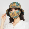 Gembergele zonnehoed met bloemenprint en gezichtsmasker voor UV-bescherming buiten - Hoed + Masker Set / Geel Groot Bloemig