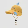 Detail of yellow cotton duck hat for kids showing embroidery and adjustable wind rope - 50cm (1-3 Years) / Yellow