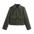 Detail of dark green tweed jacket featuring a metal zipper and large flap pockets - S / Army Green