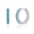 Silver-toned round hoop earrings with sky blue stone and micro-pave white zircons - Platinum Silver-11mm