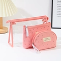 Three-piece set of pink fabric and clear PVC toiletry bags with anchor patterns - Watermelon Red (New Label)