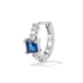 Detail view of silver earring featuring square blue gemstone and white zircon stones - Silver Blue
