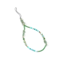 Detail of handmade beaded phone strap with green stones, striped beads, and gold spacers - Green Stone Stripe Bead Style