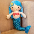 Blue-haired mermaid plush toy with red shell top and sparkling blue scale tail - 30 cm / Blue Mermaid