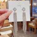 Elegant long silver tassel earrings with sparkling rhinestones and 925 silver pins - Silver Zircon Tassel (E0361)