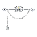 Silver stainless steel industrial barbell with lotus design and moon star chain - Silver Lotus Moon Charm