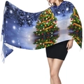 Close-up of soft Christmas tree print scarf draped over shoulders for a festive winter look - Snowy Night Christmas Tree Pattern
