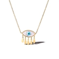 Gold evil eye pendant necklace with white shell inlay and blue accents on white background - Waterdrop Tassel Style (22978) / Gold