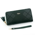 Elegant dark green long wallet for women with geometric diamond texture and fringe tassel - Green
