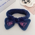 Dark blue coral fleece OMG embroidered bow headband for washing face and sports - Navy Blue