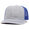 Detail view of contrast stitching and breathable navy mesh on a grey trucker hat - Adjustable / Gray Blue