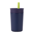 304 stainless steel coffee tumbler with dark blue body, purple lid and green straw - 12oz / Straw Style / Navy Blue