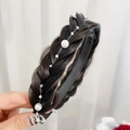 Dark brown fishtail braided headband with white pearls and gold wire detailing - Pearl Style / Pearl Black Brown
