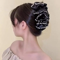 Elegant large black satin hair claw clip with pleated mesh and pearl bead embellishments - Bubble Pearl-Black Claw Clip 13CM
