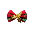 Dettaglio di fiocco natalizio rosso e scozzese con foglia di agrifoglio dorata e bacche - Fiocco a Foglia d'Oro (Senza Campanello)