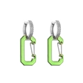 Detail of silver hoop earrings with micro-paved stones and bright green carabiner pendants - Small White Gold Green 1 Pair