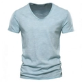 Detailed texture of light blue slub cotton fabric on a men's V-neck short sleeve T-shirt - S / V-Neck / Sky Blue