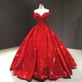 Elegante rode off-shoulder avondjurk met lovertjes en een lange luxe vloerlange sleep-stijl - M / Rode vloerlengte stijl