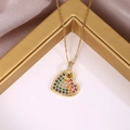 Exquisite gold heart pendant necklace with multi-colored rainbow stones and delicate chain - Gold