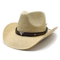 Chapeau de cowboy en paille beige classique avec pendentif tête de taureau et cuir - M (56-58cm) / Beige