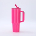 Pink 40oz insulated stainless steel tumbler with handle and straw on white background - Fourth Generation 40oz Rose Red / 40oz