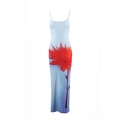 Detail of light blue floral maxi dress with red flower print and slim-fit silhouette - S / Blue