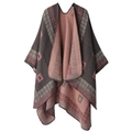 Double-sided grey and pink geometric pattern knit cashmere-like poncho shawl for women - Meander Pattern Brown Pink