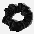 Classic black satin scrunchie with a glossy silk-like finish and elegant pleated texture - Black