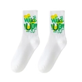 White crew socks featuring green and yellow 'WAKE UP!' graffiti print in cotton knit - One Size (Plus Size) / WAKE UP Graffiti / White No.01