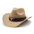 Dettaglio del cappello da cowboy in feltro beige con fascia in pelle e testa di toro argento - M（56-58cm） / Cammello
