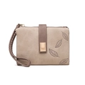 Short taupe faux leather wallet featuring a leaf pattern and golden metal buckle - Khaki
