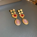 Pendientes vintage dorados con flor de esmeralda, corazón rojo y camafeo rosa - 13# Poste de plata para pendientes - Pendientes camafeo de piedras preciosas rojas y verdes doradas