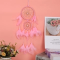 Acchiappasogni rosa con piume e perline su un morbido sfondo floreale decorativo - Doppio Anello Rosa
