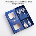 Christmas elk reindeer stainless steel spoon and fork set in blue gift box packaging - 410 Stainless Steel Elk Spoon Fork 2PCS Set (Blue Box) / Silver