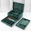 Three-layer green velvet jewelry box with metal lock and multi-compartment storage - Dark Green