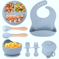 8-piece grey silicone baby feeding set with suction bowl, divided plate, and bib - Gray Blue-8Pcs Set