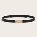Adjustable skinny black waist belt for dresses featuring a crystal-studded gold turn-lock buckle - Rhinestone Buckle (Gold) Cross Pattern Adjustable Belt (Black)